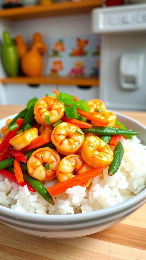 A vibrant shrimp stir-fry with bell peppers, snap peas, and carrots over rice, garnished with green onions.